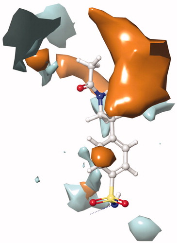 Figure 3. A representative hydrophobic/philic surfaces of the active site of hCA I complexed with a native ligand. (PDB ID: 2NMX; hydrophilic surfaces cyan colour; hydrophobic surfaces: orange colour).