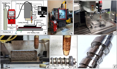 Figure 1. Experimental setup. (a) Schematic representation; (b) The hybrid WA-DED setup illustrating the coupling of CMT welder and CNC; (c) Welding torch showing deposition on the CNC table; (d) Multilayer M250 wall structure; (e) Welding torch showing deposition on the rotating 4th axis; (f) Finished radial bimetallic with SS304L core and maraging 250 shells.