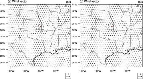 Figure 7. Analysis increment in the horizontal cross section for the experiment SOBS1, (a) around 850 hPa and (b) around 300 hPa. The red circle represents observation location for single observation tests.