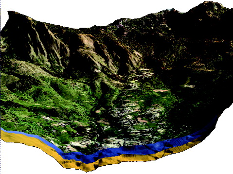 Figure5. The 3D GIS model; sections of the ground level, of the phreatic table (in blue) and of the bedrock (in yellow) are shown in the section at the lower part of the image, as three continuous surfaces.