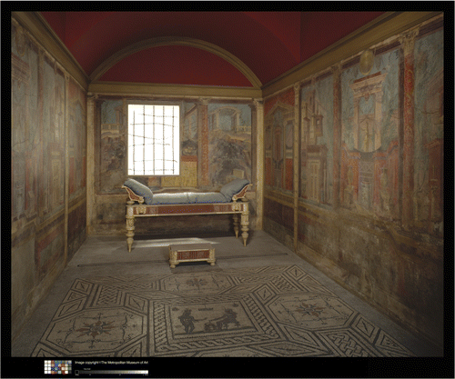 Figure 3.  Decorative frescos and mosaics in a bedroom from the Villa of P. Fannius Synistor, Pompeii, Italy, first century AD. The Metropolitan Museum of Art, Rogers Fund, 1903 (03.14.13a-g), photographed by Schecter Lee. Image: © Metropolitan Museum of Art.