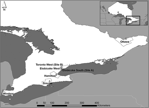 Figure 1. Locations of OMOE air monitoring stations with collocated TEOM-SES and NAPS FRM 24-hr samplers where FRM data have been available since 2005 in Ontario.
