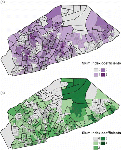 Figure 5. Co-occurrence of (a) the 25th and (b) the 75th percentiles of GWR slum index coefficient values for the four vulnerability models.