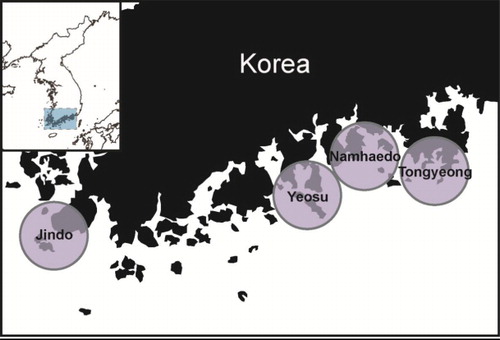 Figure 1. Sampling sites for juvenile, young, and adult anchovies, E. japonicus, used to evaluate trophic indicators of feeding environments in four regions (Tongyeong, Namhaedo, Yeosu, and Jindo) of the southern waters of Korea during July 2011–June 2012.