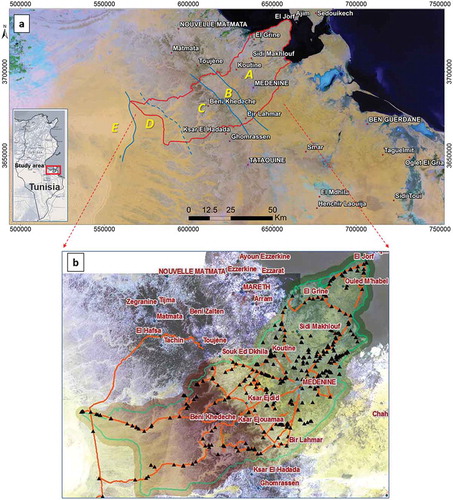 Figure 1. a) Location of Jeffara-Medenine-Dahar study area and the main geomorphological units: A – Jeffara-Medenine plain; B – Jeffara-Medenine escarpment glacis; C – Dahar plateau; D – Grand Oriental Erg/Dahar transition zone; E – Grand Oriental Erg. b) Collected field data, consisting of two entities: linear (GPS track log, orange colour) and GPS point data with description (black triangles). The study area limit is represented in green colour (b). Map projection: UTM – WGS 1984, Zone 32N, EPSG 32,632 (metric coordinates).