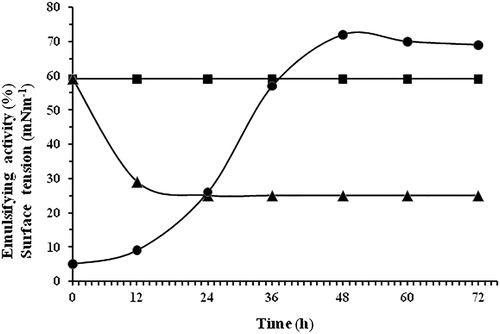Figure 1. Emulsification index (EI24) (-●-) and surface tension (-▲-) measurements during growth of Bacillus cereus BN66 on mineral salt medium with 1% crude oil as carbon source. Surface tension (-■-) of the abiotic control. Values are the average from triplicate treatments.