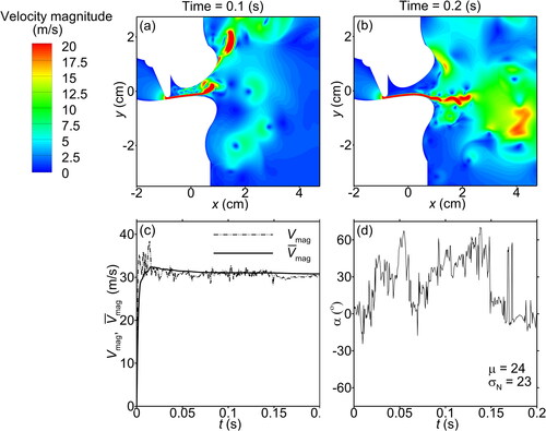 Figure 5. (a)–(b) The instantaneous velocity magnitude (Vmag) contours of the airflow for the flat-[f] model with a tooth gap height of 0.8 mm at a subglottal pressure of 600 Pa at 0.1 and 0.2 s. (c) The time evolution of the instantaneous and mean velocity magnitude (V¯mag) at the middle of the tooth gap during 0 to 0.2 s. (d) The corresponding jet trajectory angle evolution during 0 to 0.2 s.