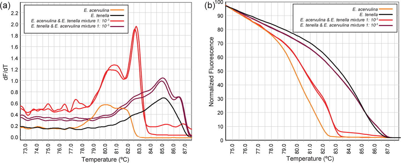 Figure 5.  Conventional (a) and normalized (b) melt curves of E. acervulina and E. tenella mixed samples at 1:1, 1:10−3 and 10−3:1 ratio.