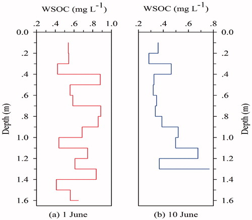 Fig. 4. Vertical distribution of the WSOC concentrations in snow pits (excavated on (a) 1 June and (b) 10 June, 2014).