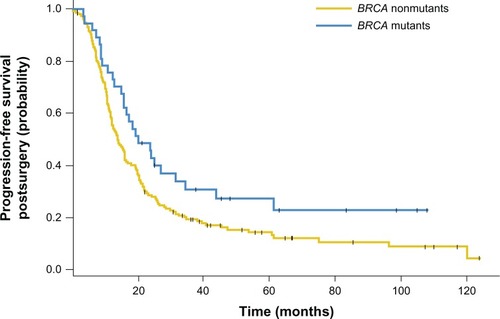 Figure 2 Kaplan–Meier curves showing that BRCA1/2 mutations were associated with significantly improved progression-free survival time after surgery when compared with a BRCA wild-type ovarian cancer population.
