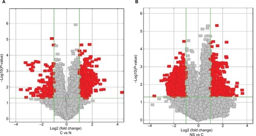 Figure 3 Volcano plots visualizing differential expression of ESCC lesions (A) and BC lesions (B) with adjacent normal tissues.Notes: The vertical lines correspond to 2.0-fold up- and downregulation (log2 ratio), and the horizontal line represents a P-value of 0.05. The red points in the plot represent the differentially expressed circRNAs with statistical significance (fold change >2 and P<0.05), the gray points represent the remaining circRNAs (fold change <2 or P>0.05).Abbreviations: ESCC, esophageal squamous cell cancer; BC, breast cancer.