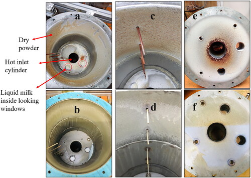 Figure 15. Deposition pattern in the dryer: (top) results for nozzle 1, (bottom) results for nozzle 2, (left) top-down view from the inside of the dryer, (middle) zoom of the top section with thermocouples, (right) top wall of the dryer with visible viewpoints and exhaust chimney.