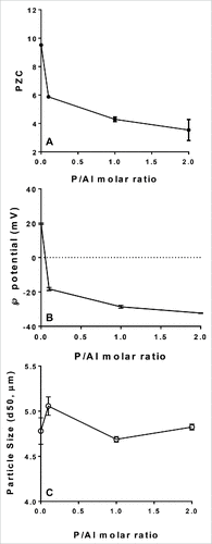 Figure 1. Effect of phosphate substitution of AlOOH on physicochemical characteristics of SPA08. The point of zero charge (PZC) (A), zeta potential at pH 7.4 (B), and the particle size (C) were measured as a function of the P/Al molar ratio. Error bars represent the standard deviation from the mean (n = 3).