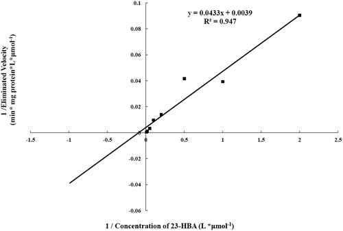 Figure 2. Lineweaver–Burk plot of kinetic analysis of the elimination of 23-HBA in the human liver microsomes. All data represent the mean of the incubations (performed in triplicate).