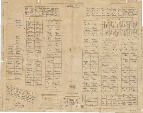 Figure 1. The seating plan of the plenary sessions of the Hungarian Jewish Congress (1868-69), which took place in the General Assembly Hall of the Pest County Hall. Generally speaking, ‘Orthodox’ delegates were seated on the left (99 assigned places), and ‘Neologs’ on the right (117 assigned places), in addition to the presidential podium in the middle. Image courtesy of the Hungarian Jewish Museum and Archives, Budapest