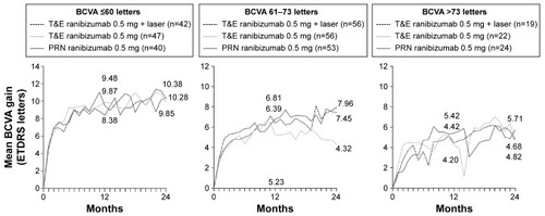 Figure 5 Mean change in BCVA from baseline to months 12 and 24 by baseline BCVA.