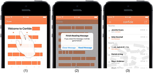 Figure 3. Receiving a message in Confide: (1) ‘wand’ over words, (2) to exit, (3) the message self-destructs.