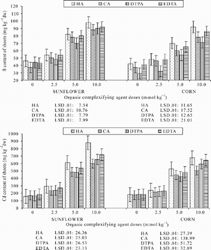 Fig. 5. Effects of different organic complexifying agent on B and Cd content in sunflower and corn shoots.