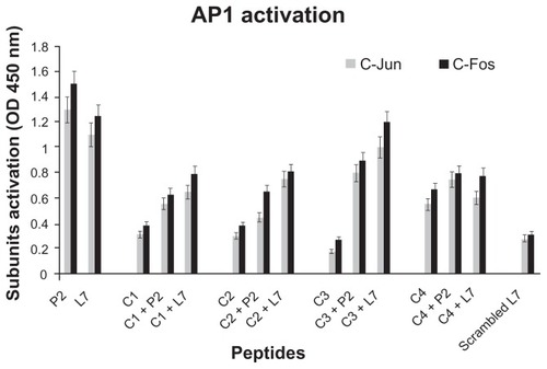 Figure 4 AP-1 activation in presence of loop L7 complementary peptides. U937 cells (10 × 106 cells/mL) were stimulated with Hib porin (13 nmoL/mL) or peptides (130 nmol/mL) for 1 hour at 37°C in 5% CO2; in some assays, the complementary peptides C1, C2, C3 and C4 were preincubated for 60 min at 37°C with Hib porin or loop L7 and then used for U937-stimulation.Notes: Cell lysates (10 μg/mL) were tested for binding of the activated c-Fos or c-Jun subunits to an AP-1 consensus sequence using the Trans-Am AP-1 ELISA kit. The experiment was performed in the presence of soluble wild-type or mutated consensus oligonucleotides. The results are expressed as specific binding (absorbance measured in the presence of the mutated oligonucleotide minus that measured in the presence of the wild-type oligonucleotide). The results are shown as means ± standard errors of triplicate determinations.