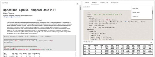 Figure 7. Inspection: Readers can read the paper (left) and at the same examine the underlying source code and dataset to understand how the reported results were computed (right).