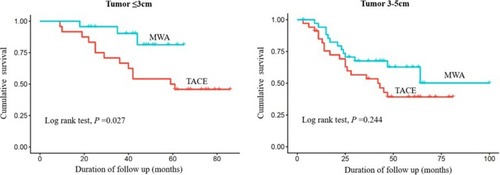 Figure 3 Subgroup analysis of the overall survival of HCC patients undergoing MWA or TACE based on the tumor size (≤3 or 3.1–5 cm). MWA provides better OS than TACE for patients with tumor of 3cm or smaller but not for those with tumor of 3.1–5cm.