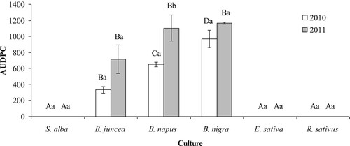 Figure 4. Values of the mean area under the disease progress curve (AUDPC) of powdery mildew (E. cruciferarum) infection on different cruciferous oilseed crops. Error bars denote the standard error of the means. Means followed by different capital letters above each bar indicate a significant influence (P < 0.05) of cruciferous oilseed crops in different years (Tukey HSD test). Means followed by different small letters above each bar indicate a significant influence (P < 0.05) of year (Tukey HSD test).