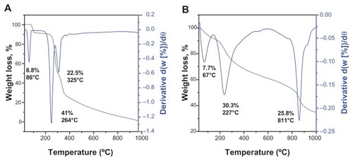 Figure 4 Thermogravimetric analysis of (A) gallic acid and (B) iron oxide nanoparticles coated with chitosan and gallic acid.