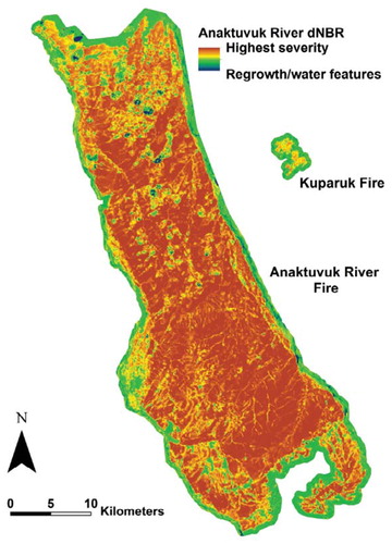 FIGURE 3. Final Initial Assessment dNBR (differenced Normalized Burn Ratio) map for the Anaktuvuk River Fire, with Kuparuk Fire (also burned in 2007) for comparison.