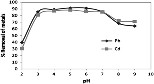 Fig. 1 Effect of pH on adsorption of Pb2+ and Cd2+ by CAS.
