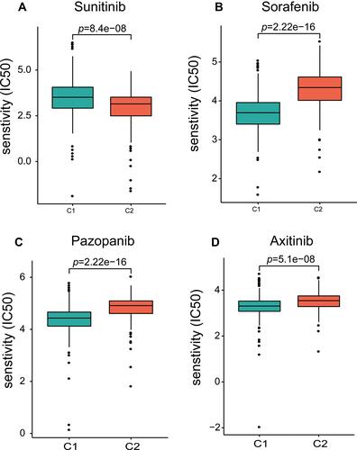 Figure 5 Differences in response sensitivity of C1 and C2 patients to sunitinib (A), sorafenib (B), pazopanib (C), and axitinib (D).