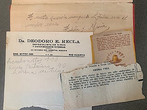 Figure 8. Old clippings and a book dedication found in a used copy of Mil Fórmulas de Cocina “La Negra” (1930).