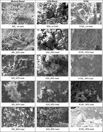 FIG. 4 SEM micrographs of particulates at different engine loads for different fuels.