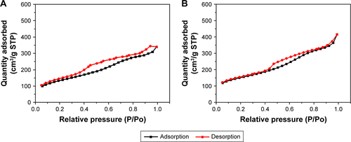 Figure S2 N2 sorption isotherms of (A) MSNs and (B) Ag-MSNs.Abbreviations: Ag-MSNs, nanosilver-decorated mesoporous silica nanoparticles; MSNs, mesoporous silica nanoparticles.