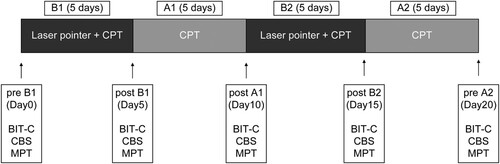 Figure 2. Experimental study procedure. BIT-c, Behavioural Inattention Test conventional test; CBS, Catherine Bergego Scale; CPT, conventional physical therapy; MPT, modified Posner task.