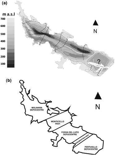 Figure 3. Sketch of the complex structural basin of the High Agri Valley as inferred from geophysical and geological data (Colella et al. Citation2004). (a) altitude above sea level of the top of the pre-quaternary bedrock of the High Agri Valley basin (black lines are the ERT profiles); (b) deep architecture of the High Agri Valley consisting in three main depocentres separated by two structural highs.