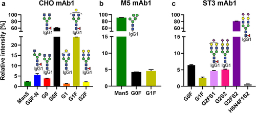 Figure 2. Relative abundance of quantified glycoforms in the mAb1 starting materials. For respective information on mAb2, see Figure S1. Further information on glycoform nomenclature can be found in Table S1.