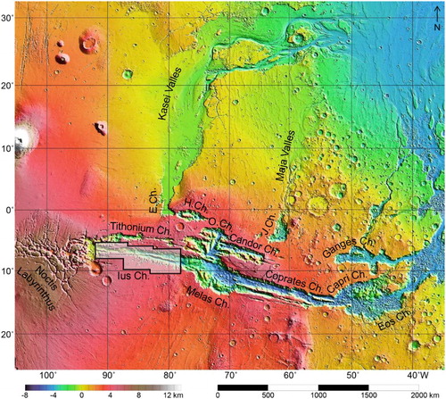 Figure 1. Topographic map of Valles Marineris area from Mars Orbiter Laser Altimeter (NASA/MGS/MOLA Science Team). Area covered by the geomorphological map marked in polygon. Distance bar scale legit for the equator. Abbreviations: Ch. – Chasma, E.Ch. – Echus Chasma, H.Ch. – Hebes Chasma, J.Ch. – Juventae Chasma, O.Ch. – Ophir Chasma.