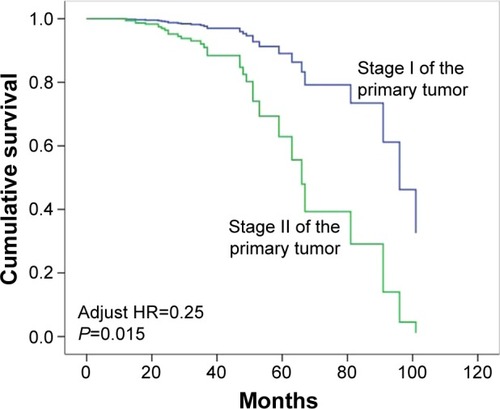 Figure 2 Survival comparisons based on the tumor, node, and metastasis stage of the second primary adenocarcinomas.
