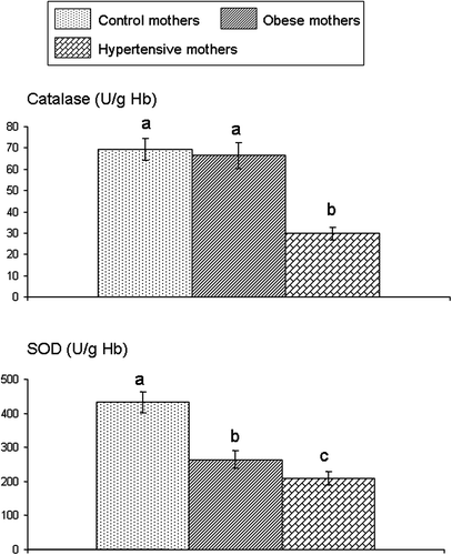 Figure 1. Erythrocyte antioxidant enzyme activities in mothers. Values are means ± SD. Hb, hemoglobin; SOD, superoxide dismutase. Statistical comparison between the three groups of mothers (control, obese, hypertensive) was performed by one-way analysis of variance (ANOVA) followed by Tukey's post hoc test. Values for each parameter with different superscripts (a,b,c) are significantly different (p < 0.05).