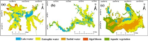 Figure 9. The spatial distribution of water color anomalies in Lake Tangxun (a), Lake Changhu (b) and Lake Longgan (c) from 2013 to 2020.