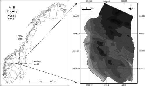 Fig. 1.  Location of the study area in Ringebu Municipality, Oppland County, south-east Norway. Right-hand map: 100 m elevation contour bands from light grey at 330 m a.s.l. to dark grey at 1356 m a.s.l.
