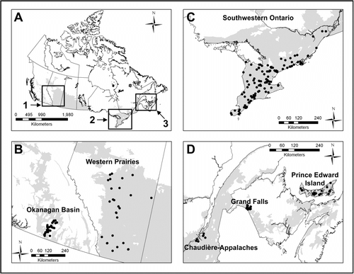 Figure 1 Locations of long-term and contemporary monitoring stations used to derive total suspended solids reference conditions across (A) Canada, with the focal geographical regions indicated as (1) Okanagan Basin and Western Prairies, (2) southwestern Ontario, and (3) Chaudière-Appalaches, Grand Falls and Prince Edward Island. In addition, panels B, C, and D provide map enlargements of the three focal geographical regions. Agricultural land cover is indicated in gray.