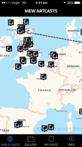 Figure 1. The Artcasting map screen, showing some locations where artworks were cast.