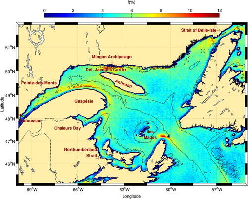 Fig. 9 Mean frontal frequency (1986–2010) for the Gulf of St. Lawrence. The 50 and 300 m isobaths are shown.