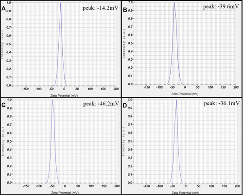 Figure 7 Measurement of zeta potential of SeNp synthesized by Pseudomonas stutzeri. Pseudomonas stutzeri (MH) was grown in LB broth or BPE broth, and the culture was used to synthesize SeNp at varying pH values. Figure represents zeta potential values – (A) LB broth (pH 7.2) and the remaining using BPE broth at (B) pH 11.5, (C) pH 6.5 and (D) pH 9, indicating the stability of Nanoparticles at pH 6.5 (−46 mV).