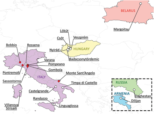 Figure 1. Map of all localities in which csotiensis-type eggs were found, including samples collected for the present study (in red). For references, see Table IV.