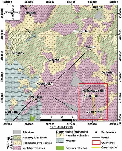 Figure 2. Geological map of the study area (Adapted from Dönmez et al., Citation2014; Türkecan, Citation2015), coordinate system: WGS1984_UTM_Zone35N)