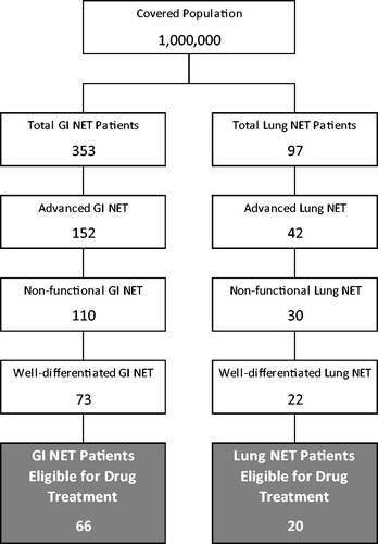 Figure 1. Patient flow for GI and lung NET treatment. Patient counts are based on a hypothetical health plan with 1 million members.