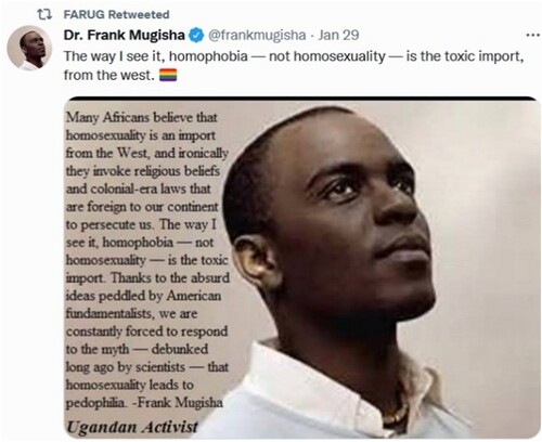 Figure 1. Leading activist Dr. Frank Mugisha's tweet challenging contemporary homophobia.