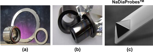 Figure 13. (a) UNCD-coated commercial SiC mechanical pump seals (∼U$S 600 million market) providing 0.02–0.04 coefficient of friction (saving up to 20% in cost of energy to make the pump work) and negligible wear for years; (b) biocompatible/anti-fouling UNCD-coated bearings (∼U$S 1.5 billion market) for mechanical pumps used in producing pharmaceutical drugs by Merk Millipore; (c) UNCD-based AFM tips (∼U$S 200 million market), provide orders of magnitude longer life than Si, metal, and other tips, since UNCD AFM tips practically do not wear.